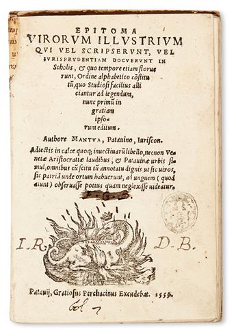 LAW  MANTOVA BENAVIDES, MARCO. Epitoma virorum illustrium qui vel scripserunt, vel jurisprudentiam docuerunt in scholis. 1559